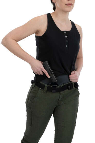 Vertx concealed carry guardian tank top in black from front with pistol